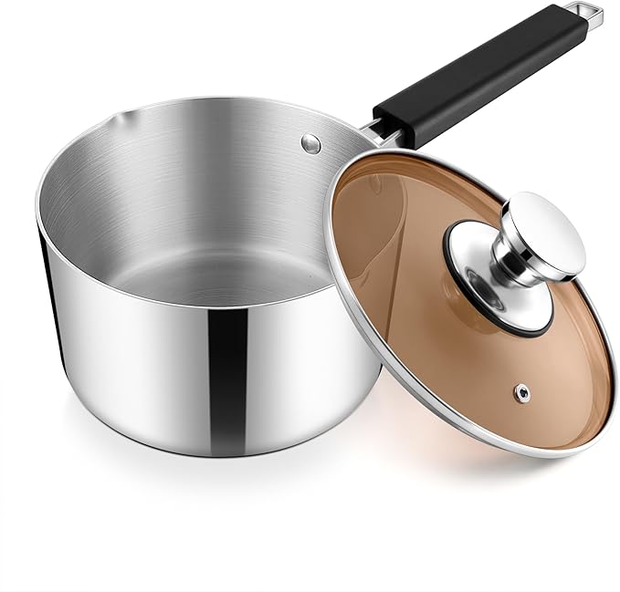 E-far 3 Quart Sauce Pan with Lid, Stainless Steel Tri-Ply All Clad Small Cooking Pot with Pour Spout, Multipurpose Induction Saucepan & Stay-Cool Handle, Compatible with All Cooktops, Dishwasher Safe