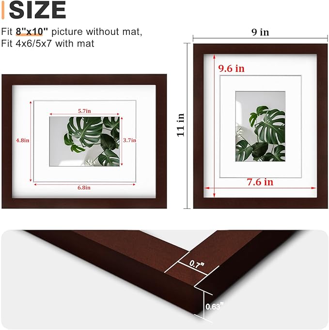 Egofine 8x10 Picture Frame Made of Solid Wood with Plexiglass, Display Pictures 4x6/5x7 with Mat or 8x10 Without Mat for Tabletop and Wall Mounting, Walnut Color