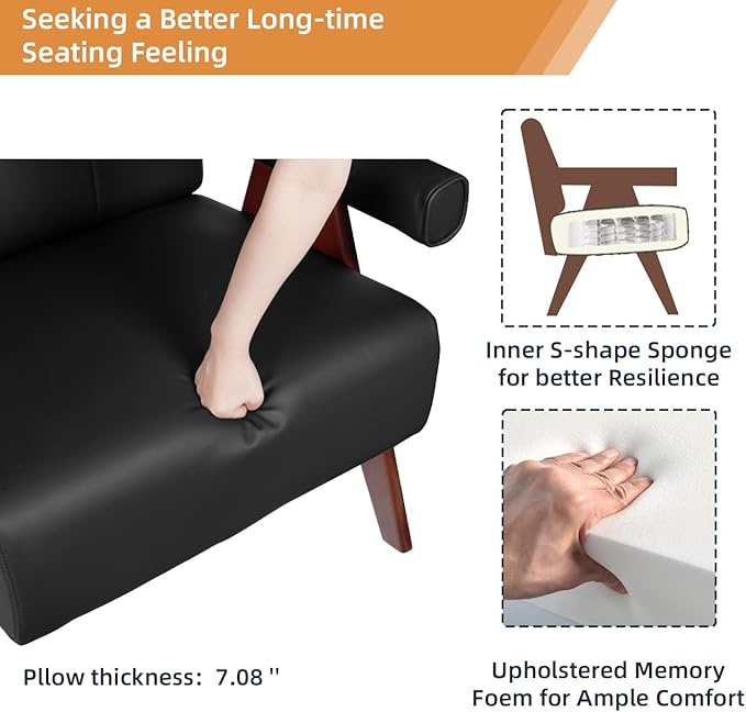 AODAILIHB Mid Century Modern Chairs Black Leather Accent Chair Wood Arms with Soft Bag Living Room Chairs with Thick Cushion Comfy Sitting Waiting Room Chairs Bedroom/Office (1, Black)