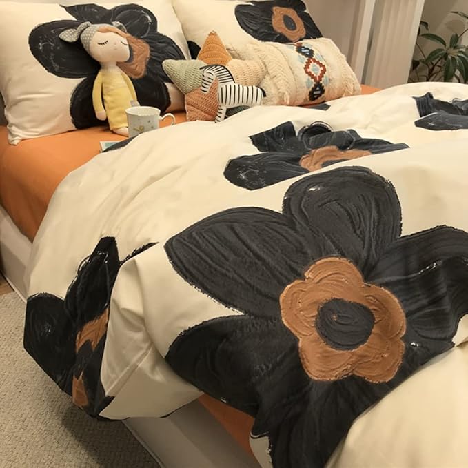 CLOTHKNOW Black Sunflower Queen Comforter Set Floral Bedding Comforter Sets Pumpkin Grid Comforter Soft Botanical Queen Comforter with 2 x Pillow Cases