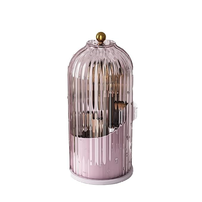 GAXmi Makeup Brush Holder with Lid Cosmetic Tools Organizer 360 Rotating Waterproof Dustproof Beauty Brushes Storage for Vanity, Pink-Purple
