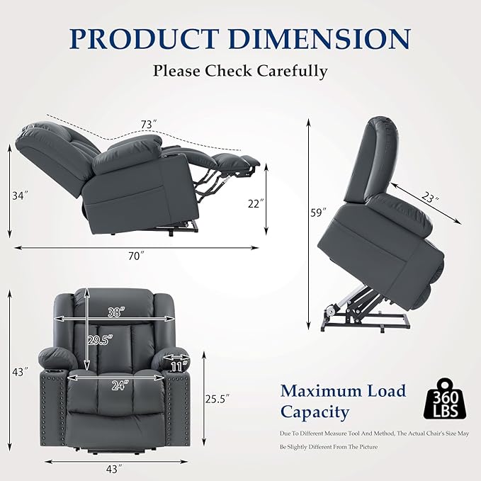 Large Power Lift Chairs Recliners for Big and Tall Elderly, 3 Position Lift Recliner Chair with Extended Footrest, Heating and Massage, USB-A USB-C, Cup Holder, Side Pocket, Grey