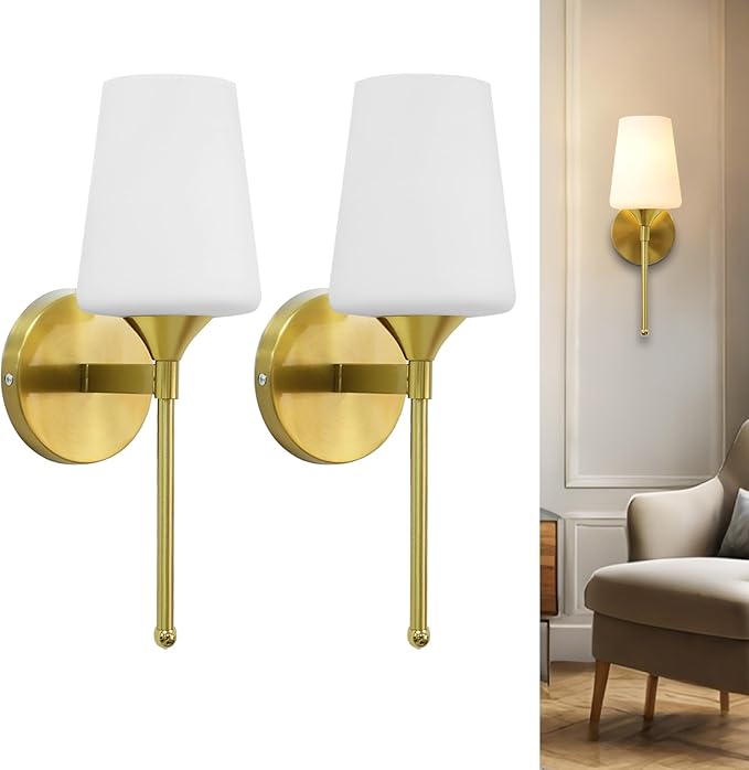 Wall Sconce Set of 2 Brushed Brass Glass Bathroom Vanity Light Fixtures Shade for Bedroom Living Room Hallway (1T 2Pack)