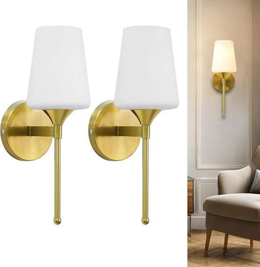 Wall Sconce Set of 2 Brushed Brass Glass Bathroom Vanity Light Fixtures Shade for Bedroom Living Room Hallway (1T 2Pack)