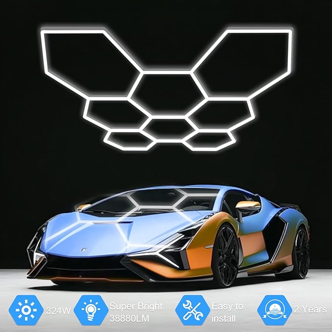 MODERN Hexagon Garage Light: Higher Brightness 38880 Lumens Honeycomb Garage Light, 8 Grid Systems 6500K, Hexagon Garage Grid Lighting for Garage, Gym, Car Detailing Shop etc.