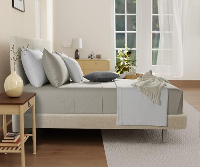 Organic Cotton Sheets Full Size Bed Set Deep Pockets, 300 TC Cotton Full Sheet Set, Soft Breathable Sateen Weave Elasticated Sheet & Pillowcase Sets, No Pill & Shrink, Machine Washable - Silver