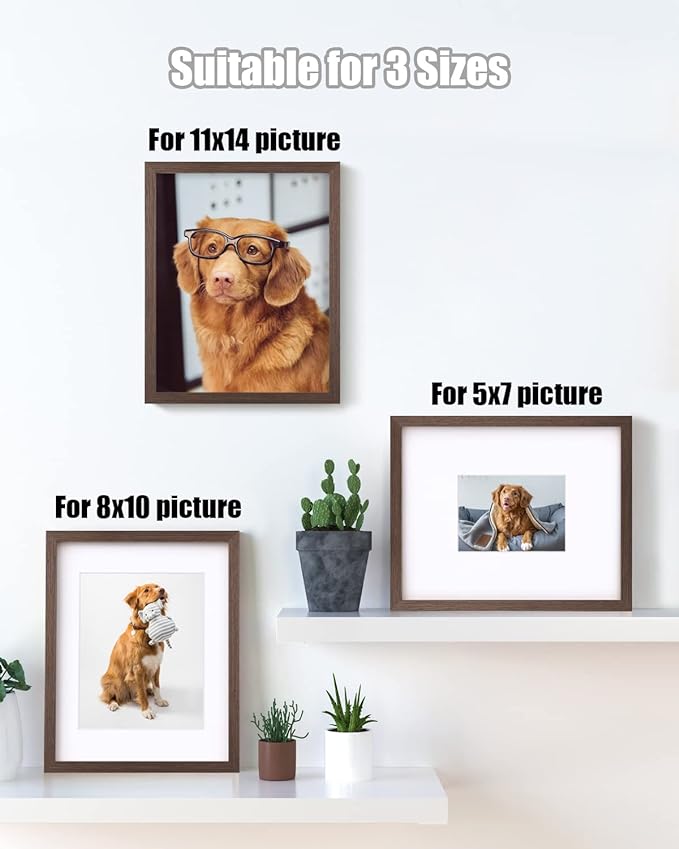 Egofine 11x14 Picture Frame Made of Solid Wood with Plexiglass, Display Pictures 5x7/8x10 with Mat or 11x14 Without Mat for Tabletop and Wall Mounting, Rustic Brown