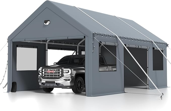 Carports 10X20 Heavy Duty，Portable Car Port Garage，Carport Canopy with Side Doors，Outdoor Car Shelter All Weather,Grey