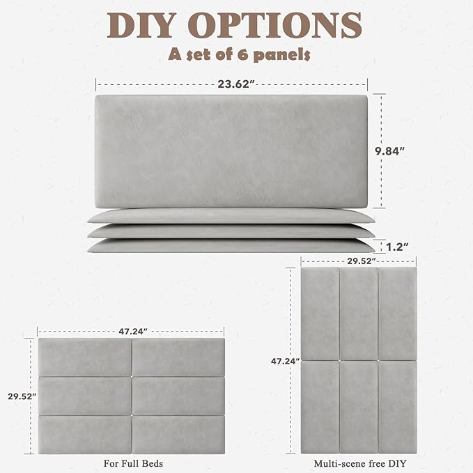 Upholstered Headboard for Full Twin Size Bed, Wall Mounted & Peel and Stick Headboard, Soundproof DIY Wall Panels, Leather Head Board in Modern Design for Bedroom (6 Panels, Each 23.62"x9.84"