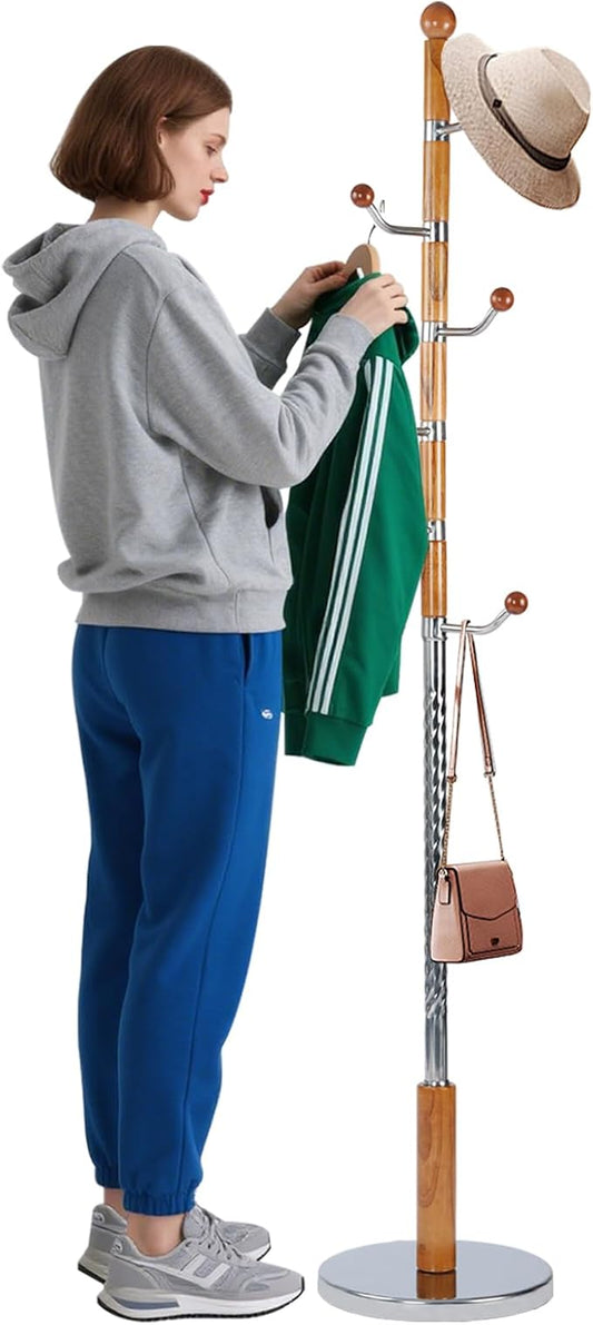 Coat Racks Freestanding, Natural Wood Coat Stands with 6 Hooks, 68" Heavy Duty Adjustable Height Vintage Hall Tree for Entryway, Bedroom, Office, Easy Assembly (Solid Wood Metal Hook)