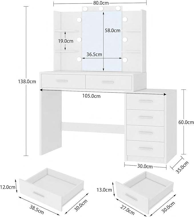 Vanity Desk with Mirror & Lights, Makeup Vanity with 6 Drawers, 6 Open Shelves and Power Outlet, 48” Storage Makeup Vanity Desk with Stool Bench for Women, Girls, Bedroom, White