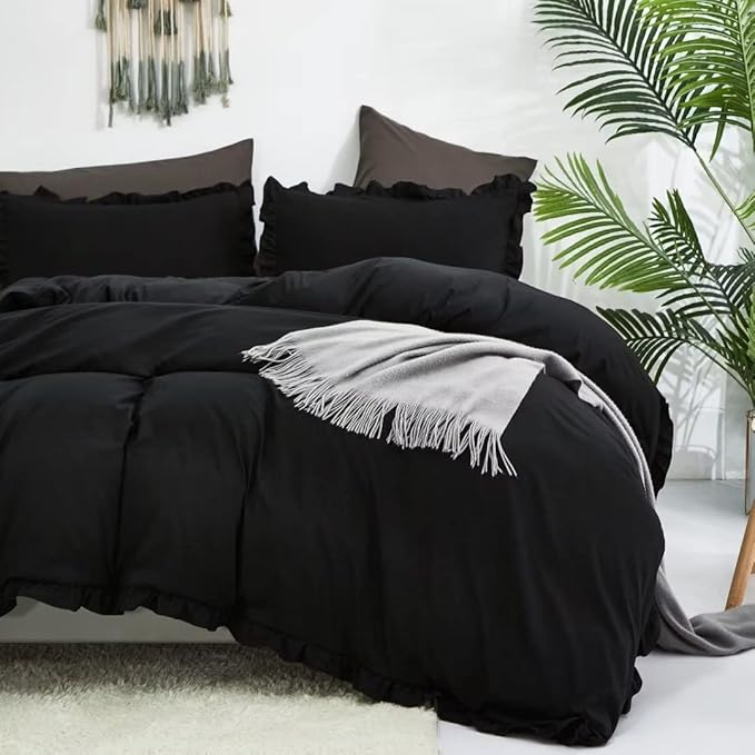 CLOTHKNOW Black King Size Comforter Set 3Pieces Ruffles Bedding Comforter Sets Shabby Chic Comforter Boho Comforter with 2 x Pillow Cases