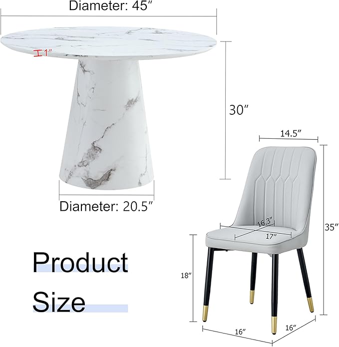 45 Inch Round Dining Table Set for 6, 7 Piece Kitchen Table and Chairs Set, White Faux Marble Table Top, Small Space Dining Set for Apartment or Dining Room