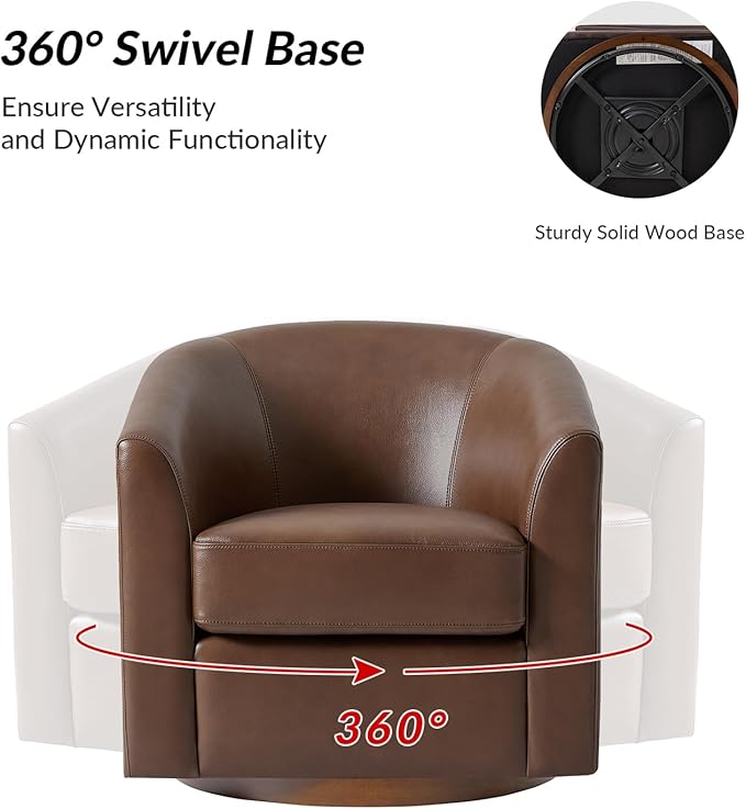 HULALA HOME Genuine Leather Swivel Accent Chairs Set of 2 with Solid Wood Base, Round Swivel Barrel Chairs for Living Room and Bedroom, Brown