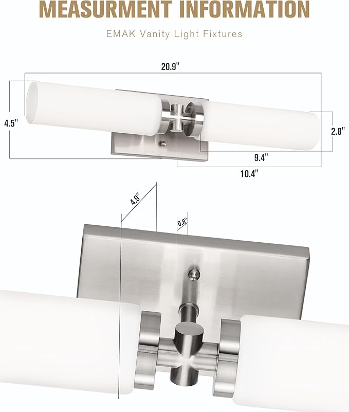 Emak Brushed Nickel Vanity Light, 21 Inch Cylinder Bathroom Lighting Fixtures Over Mirror, Modern 2-Light Wall Sconce with Milk Glass Shade, VL086-BN-ML-2