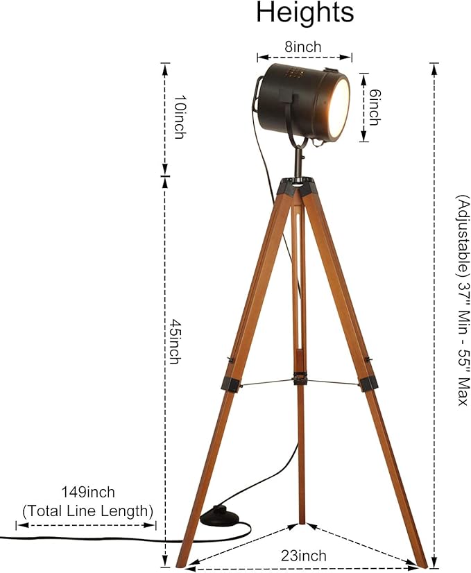 Industrial Vintage Black Tripod Floor Table Lamp - Modern Adjustable Height Wooden Nautical Cinema Searchlight - Spotlight Standing Reading Light for Living Room Bedroom Office Decoration(no Bulb)