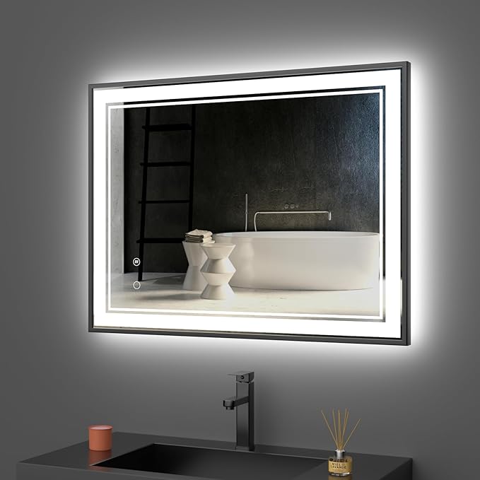 40" x 30" LED Bathroom Mirror with Lights Framed LED Mirror for Bathroom Backlit and Front Lighted Bathroom Mirror Black Square Aluminum Frame Anti-Fog Dimmable Shatter-Proof Memory
