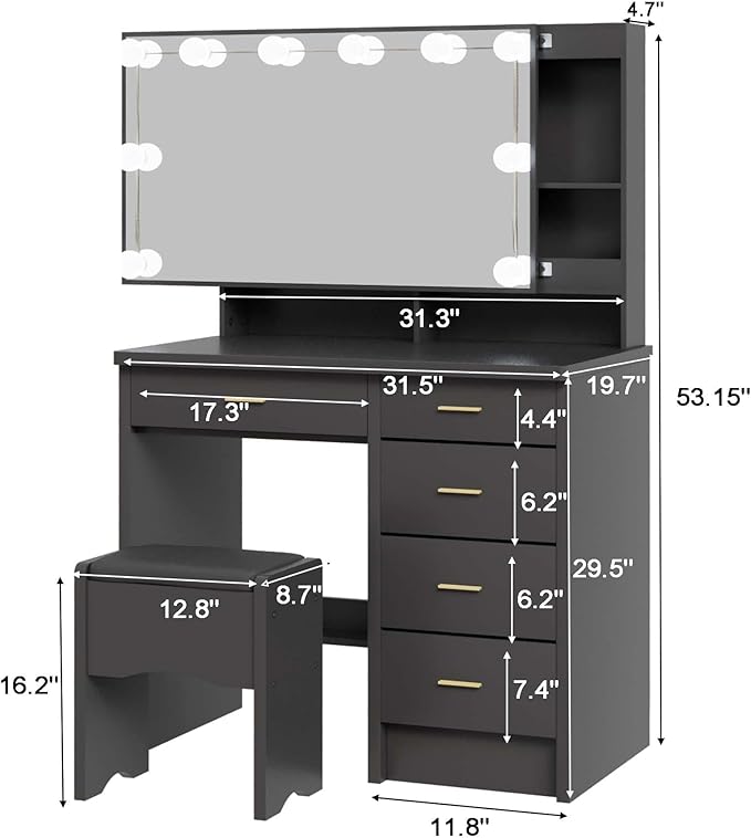 Makeup Vanity Desk with Sliding Mirror and Lights, Vanity Desk with 10 LED Bulbs, 3 Adjustable Light Modes, 5 Drawers & Storage Shelves, Makeup Vanity Set for Bedroom, Black