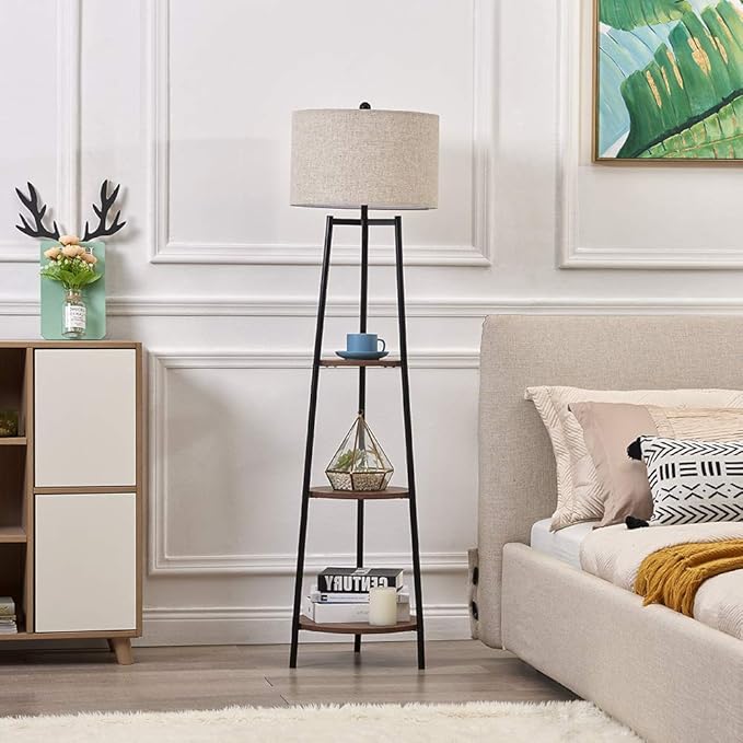 Floor Lamp, Standing Reading Light with Shelves and Fabric Shade, Modern Tall Pole Lamp, Accent Furniture Décor Lighting for Living Room, Bedrooms Black