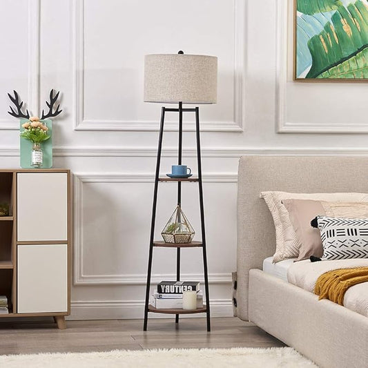 Floor Lamp, Standing Reading Light with Shelves and Fabric Shade, Modern Tall Pole Lamp, Accent Furniture Décor Lighting for Living Room, Bedrooms Black