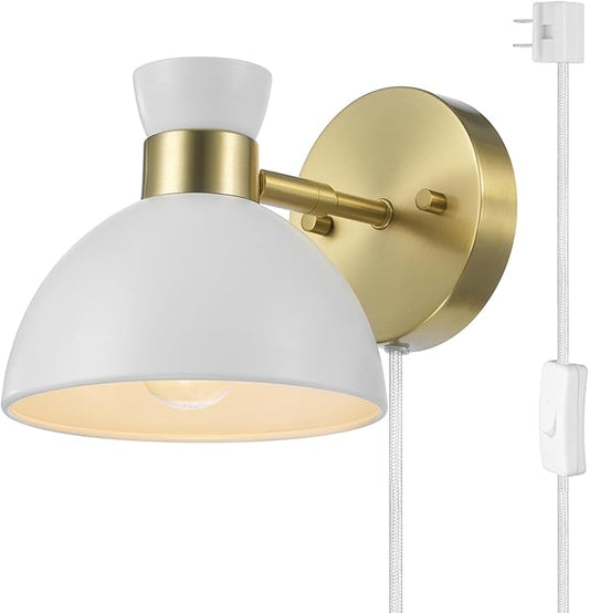 GLOBE Electric 65000099 1-Light Plug-in or Hardwire Wall Sconce, Matte Brass, Matte White Pivoting Metal Shade, 6ft Clear Cord, in-Line Rocker Switch, Wall Lights for Living Room, Bedroom, Den