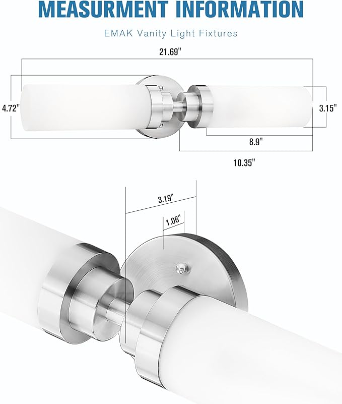 Emak Modern Brushed Nickel Bathroom Light Fixtures, 2-Light Vanity Lights for Mirror, 22 Inch Indoor Wall Sconces with Milk Glass Shade for Bathroom, Bedroom, Hallway, VL085-BN-ML-2