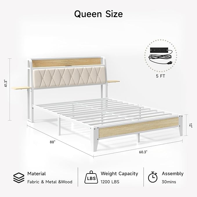 Queen Bed Frame with Side Storage Shelf, Ergonomic Upholstered Headboard with Charging Station, Queen Size Platform Bed Frame, Metal Slats Support, No Box Spring Needed, Easy Assembly, White