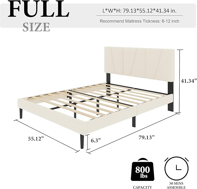 Full Size Bed Frame with Fabric Upholstered Headboard, Platform Bed with Wooden Slats Support, Fully Mattress Foundation, Box Spring Optional, Easy Assembly