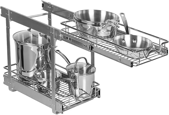 HOLDN’ STORAGE Pull Out Cabinet Organizer, Individual Sliding Drawers - Heavy Duty Metal with Lifetime Limited Warranty - Anti Rust Chrome Finish (Two Tier, 8" W)