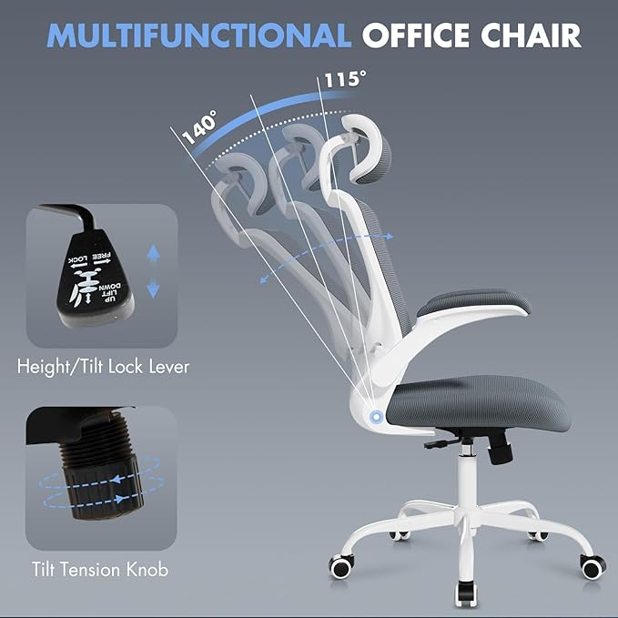 Ergonomic Office Chair with Adjustable Lumbar Support & Headrest, High Back Mesh Desk Chair with Flip-Up Armrests, Breathable & Comfortable Computer Chair for Home, Office & Study –Grey