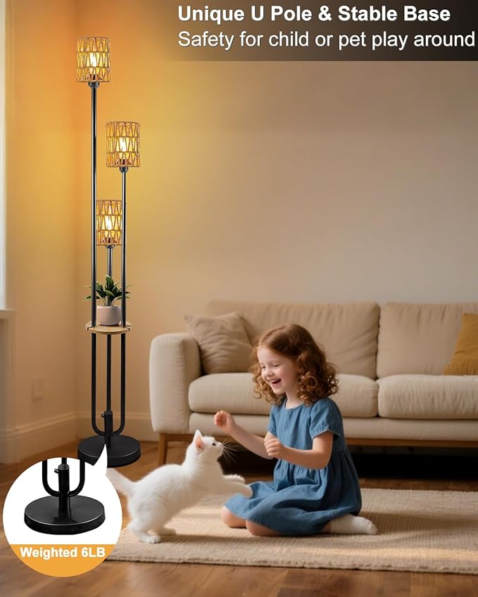 Lightdot Dimmable Boho Floor Lamps for Living Room, 3-Lights Rattan Floor Lamp with Shelves, 3000K Warmwhite Candle Holder Style Farmhouse Floor Lamp, Rustic Black Standing Lamp with Bulbs Included