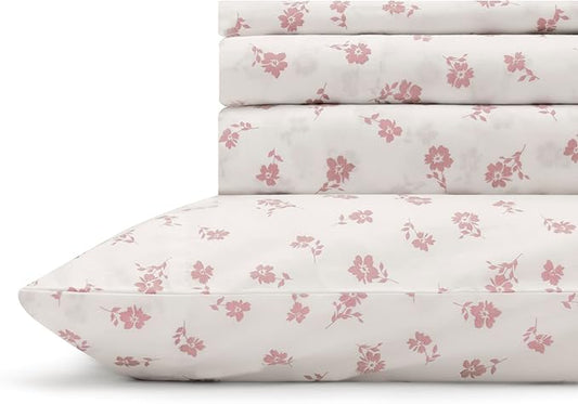 Linen Home 100% Cotton Printed Percale Sheets Queen Size, Deep Pocket, 4 Pieces Set - 1 Flat, 1 Deep Pocket Fitted Sheet and 2 Pillowcases, Crisp Cool and Strong Bed Linen, Mauve Silhouette Floral