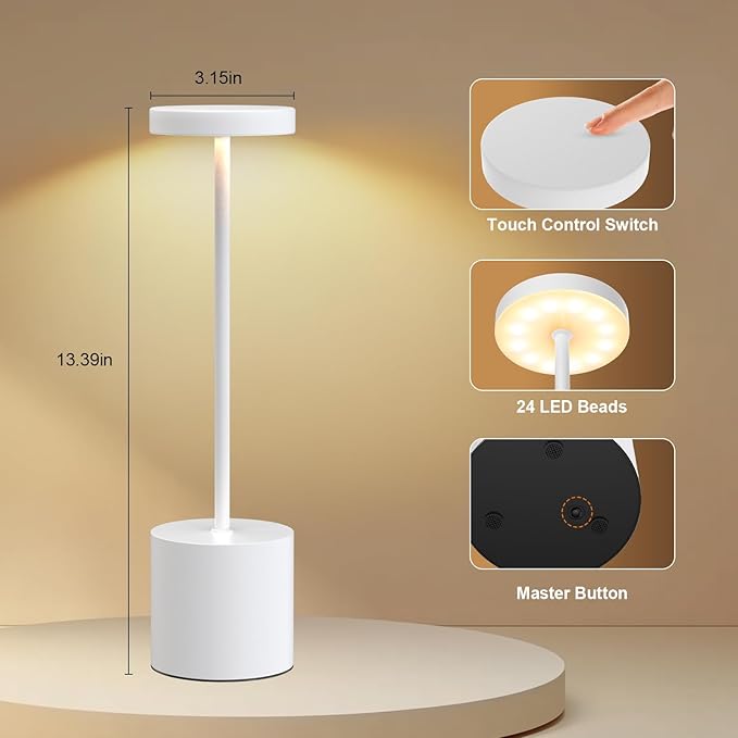Rechargeable Table Lamp – 2 Pack Touch Lamps, Cordless Desk Lamp, 5000mAh Battery Operated Lamp with 3-Color Dimmable Light, Portable LED Lamp for Bedroom, Dining Room, Patio, Outdoor (White)
