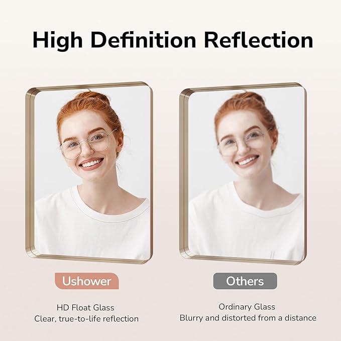 USHOWER Gold Bathroom Mirror 30"x40", Brushed Gold Rectangle Mirror for Over Sink, Rounded Corner, Aluminum Frame, Anti-Rust, Tempered Glass, Horizontal or Vertical Mounted