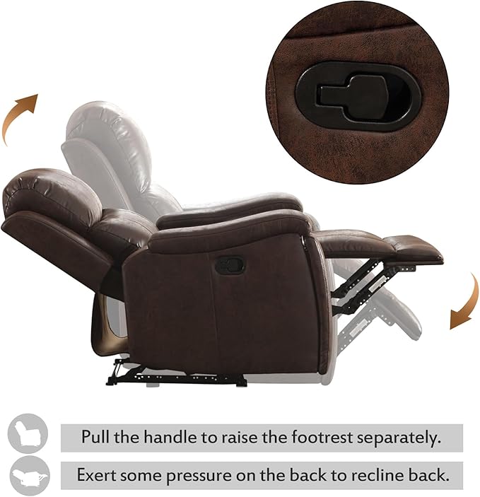 CANMOV Leather Recliner Chair, Classic and Traditional Manual Recliner Chair with Overstuffed Arms and Back, Manual Single Sofa with Concealed Cup Holders,Red Brown