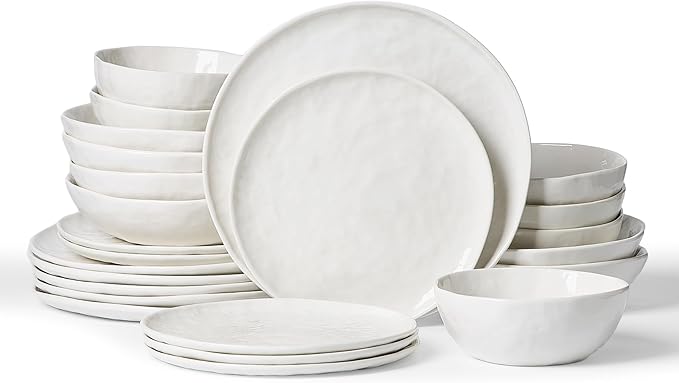 Famiware Porcelain kitchen plates and bowls set, Modern dishes set for 6, Handmade Wave Edge Dinnerware Sets, Microwave and Dishwasher Safe Tableware, Polar White (24pc)