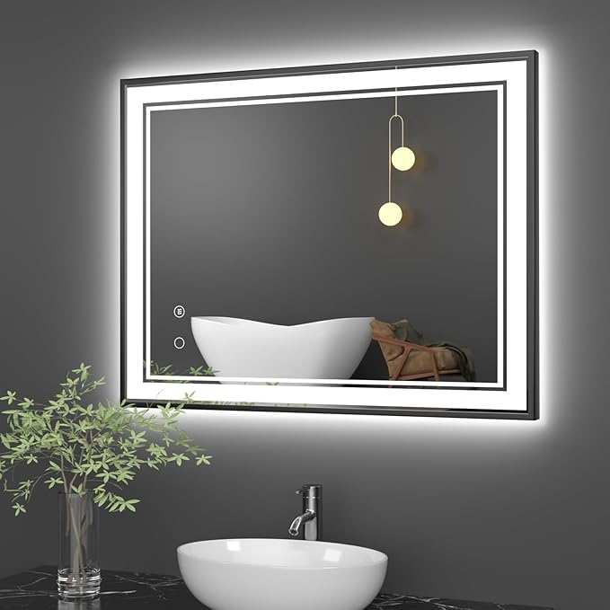28" x 36" LED Bathroom Mirror with Lights Black Framed LED Mirror for Bathroom Lighted Bathroom Mirror Backlit and Front Black Aluminum Frame Anti-Fog Dimmable Vanity Smart Memory