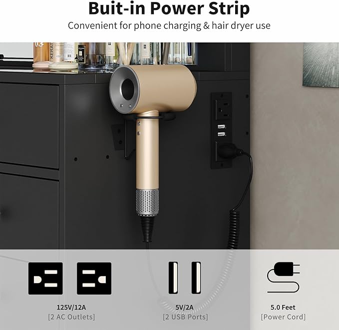 Vanity Desk, 11 Drawers Makeup Vanity with Power Outlet, Vanity Table with Mirror and Lights, 3 Color Lighting Modes, Dressing Table for Bedroom (Black)