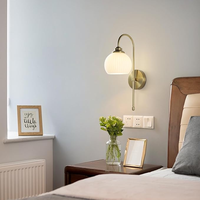 KCO Lighting 1-Lighting Milk Ribbed Glass Wall Sconce Indoor Gold and White Wall Sconce Minimalist Slim Long Sconces Brass Hallway Wall Light Fixtures Globe Vanity Lights for Bathroom Bedroom