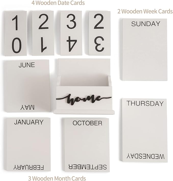 Desk Perpetual Block Calendar, Home Farmhouse Office Aesthetic Decor for Teachers, Students, Classroom Decoration Reusable Yearly, White Wood Daily Desktop Calendar Accessories