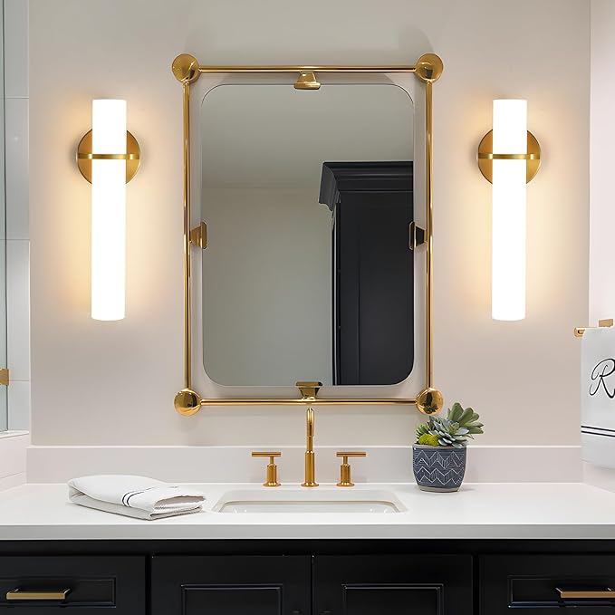 Wall Sconces - 15 inch Gold Wall Sconces Set of Two Modern Bathroom Sconce 15W Dimmable LED Wall Sconce Light with Acrylic Lampshade, Bathroom Vanity Light for Mirror Living Room Hallway 3000K