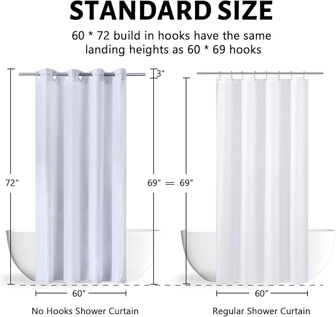 Furlinic White No Hook Shower Curtain Fabric 60x72 Inch,Polyester Waterproof Bathroom Curtain with 8 Plastic Built-in Grommets,Modern Luxury Hotel Style Washable Decorative Shower Curtains