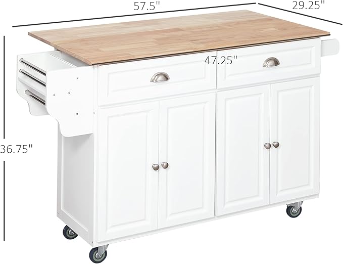 HOMCOM Rolling Kitchen Island Cart with Drop Leaf, Kitchen Cart on Wheels with Rubber Wood Top, 2 Drawers and 2 Storage Cabinets, Island Table for Kitchen, Dining Room, White