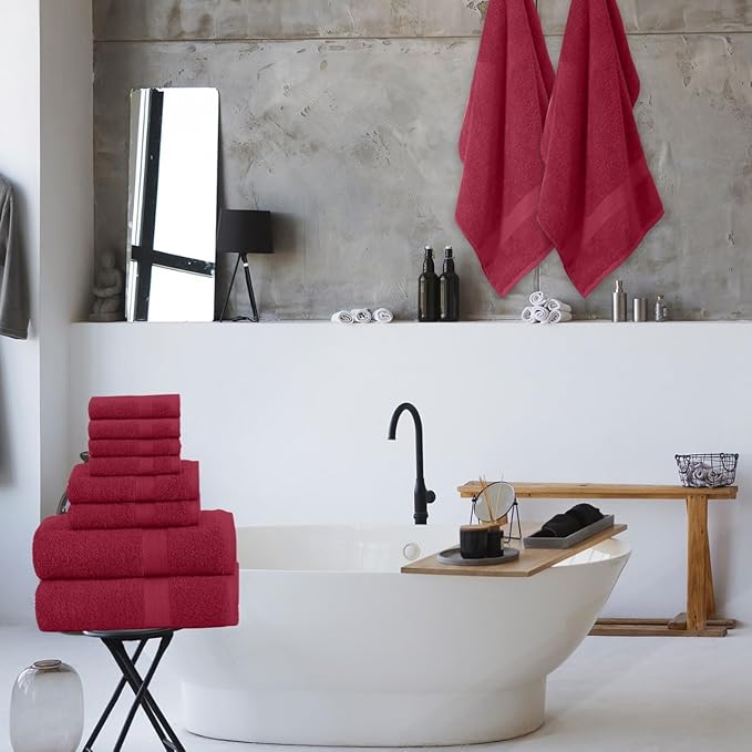 Pack of 8 Towels Set, 2 Large Bath Towels, 2 Hand Towels, 4 Wash Cloths, 100% Cotton, Lighter Weight, Quicker to Dry, Super Absorbent, Perfect for Bathroom (Burgandy)