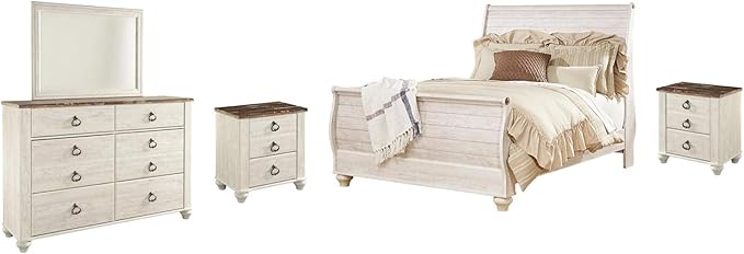 Signature Design by Ashley Willowton Cottage Farmhouse Sleigh Headboard ONLY, Queen, Whitewash