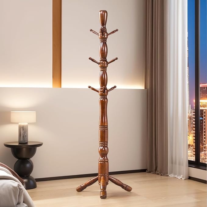 Wood Coat Rack Hall Tree, Stable Triangle Base Coat Tree with 3 Height Options and 9 Hooks, Vintage Coat Rack Freestanding for Hall Entryway, Bedroom and Home Office (Walnut)