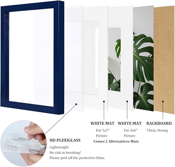 Egofine 8x10 Picture Frame Made of Solid Wood Covered by Plexiglass, Display Pictures 4x6/5x7 with Mat or 8x10 Without Mat for Table Top Display and Wall Mounting Photo Frame, Navy Blue