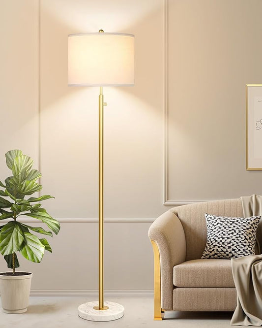 【Upgraded】Dimmable Gold Floor Lamp for Living Room, 11W LED Bulb Included, Modern Standing Lamp with Marble Base, Tall Pole Light with White Linen Shade for Bedroom Reading Office Corner Nursery