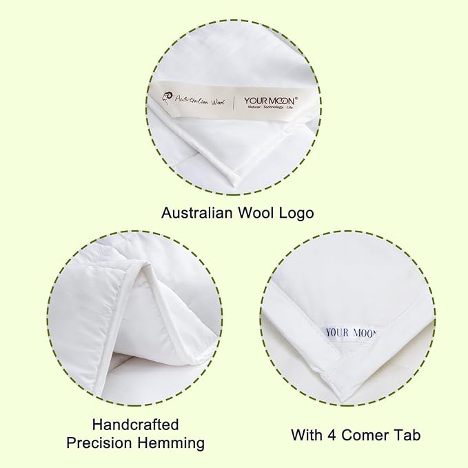 YOUR MOON Luxurious All Season Wool Comforter Twin Size 100% Natural Australian Wool Duvet, Hypoallergenic Premium Filled Comforter, Noiseless Jacquard Rayon Derived from Bamboo Shell(White)