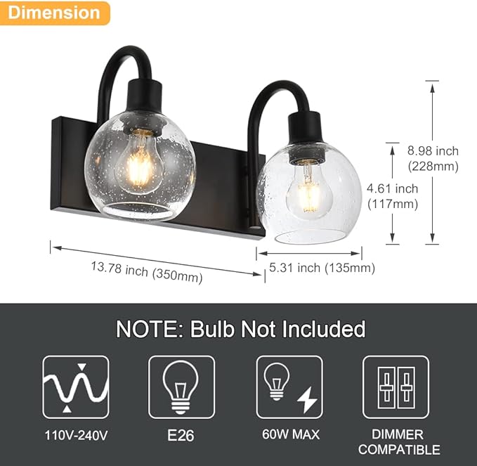 Bathroom Vanity Light with Globe Seeded Glass 2-Lights Industrial Black Wall Sconce Lighting for Foyer Hallway